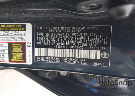 2012 Toyota Camry Xle V6 из США, поврежденный, VIN 4T1BK1FK6CU512453